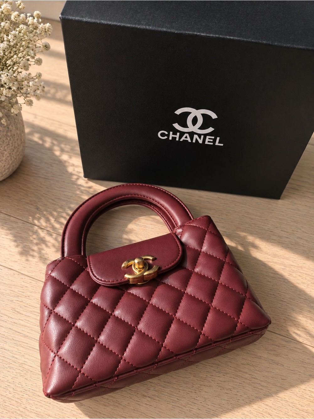 CHANEL Burgundy Quilted Mini Top-Handle Bag with Gold CC